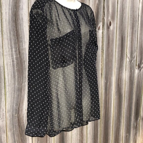 Ann Taylor LOFT XL Black Blouse Button Down Top Sheer Pocket Swiss Dot White - Picture 2 of 7